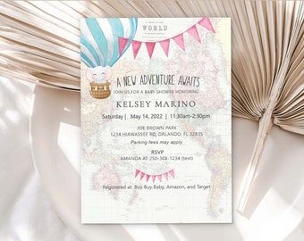 Adventure awaits baby shower invitation, travel themed baby shower, map invites couples baby shower, printable baby shower invitation,