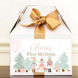 Etiqueta de caixa de presente de quebra-nozes editável, lembrancinhas de aniversário de menina quebra-nozes, etiqueta de caixa de guloseimas, fada da terra dos doces, aniversário de natal, para impressão 0068