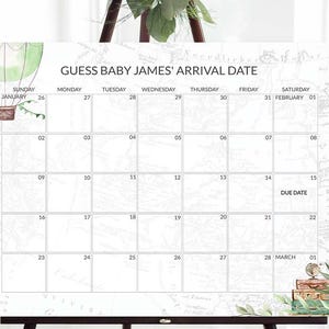Calendário de data de parto com tema de viagem Jogo de chá de bebê Adivinhe o aniversário do bebê Jogo de previsão de data de parto editável Data de chegada CORJL 0017g