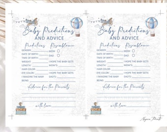 P{printable Baby Predictions Game Blue Hot Air Balloon Baby Shower Travel theme Instant Download Baby Shower Activities Boy Baby Shower 0017