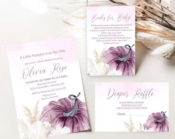 Editable Pumpkin Baby Shower Girl invitation Set Purple Little Pumpkin Invite Fall minimalist Baby shower Invite Printable Template 0055