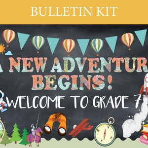 Klasse 7 Bulletin Board Kit Abenteuer erwartet Bulletin Board druckbare Ausschnitte druckbare Karte zum Thema Reise weltweit Klassenzimmer Erster Tag Willkommen