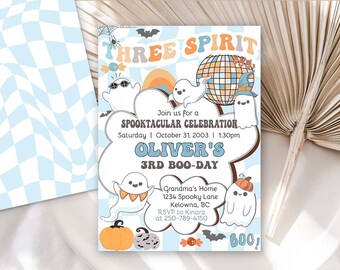 May include: A blue and white checkered background with a white invitation card. The card has a colorful illustration of ghosts, a disco ball, and candy. The text on the card reads "Three Spirit", "Spooktacular Celebration", "Oliver's 3rd Boo-Day", "Grandma's Home", "1234 Spooky Lane", "Kelowna, BC", "RSVP to Kinara at 250-789-4150", and "Boo!"