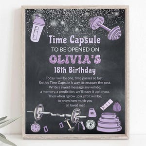 Cápsula del tiempo editable para el primer cumpleaños de una niña fuerte Deseos para el primer cumpleaños de una niña fuerte Invitación Barbells Gym Tema Predicciones futuras 0105