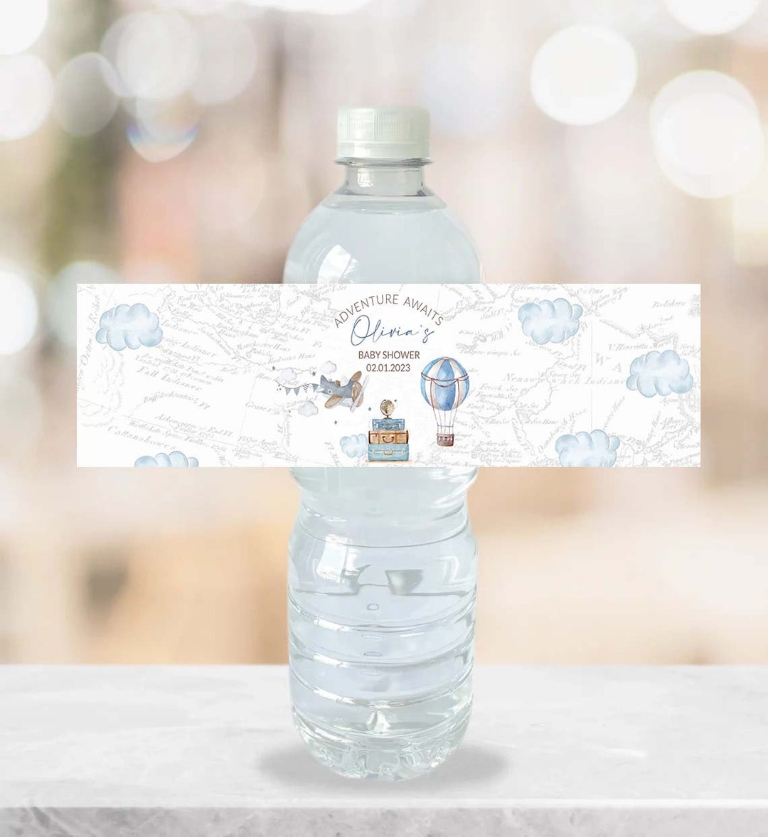 Hot Air Balloon Water Bottle Labels Blue Beige Adventure Awaits Baby