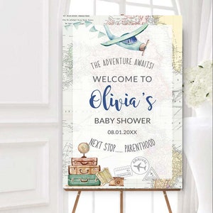 Welcome sign baby shower Travel theme baby shower Printable sign Around the World Travel party printable poster Adventure Awaits Poster GR1