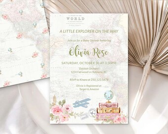 May include: A baby shower invitation with a vintage world map background. The invitation is for Olivia Rose and features a plane, suitcases, and flowers. The text reads "A Little Explorer on the Way" and includes the date, time, and location of the shower. RSVP information and registry details are also included.
