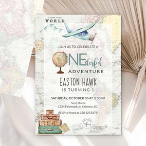 Eerste verjaardagsuitnodiging, Onederful verjaardag afdrukbare uitnodiging, 1e verjaardag World Travel Adventure thema Onederful, vliegtuig verjaardag GR1