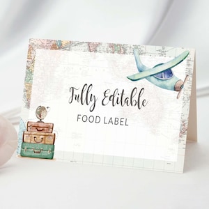 Bearbeitbare Lebensmitteletikettenkarte Onederful Travel-Thema 1st Boy Geburtstag Erster Geburtstag Abenteuer erwartet Green Airplane Name Place Card Vorlage GR1