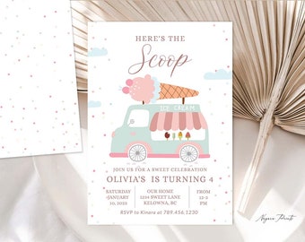 Puede incluir: Una invitación de camión de helados rosa y azul con un cono de helado rosa y blanco en la parte superior. La invitación dice "Here's the Scoop" y "Olivia's is turning 4". La invitación también incluye la fecha, la hora y la ubicación de la fiesta.