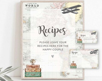 Ensemble de plaque et carte de recette Recettes à insérer sur le thème du voyage Douche nuptiale Demande de recette Voyage mariée aventure attend imprimable 0011