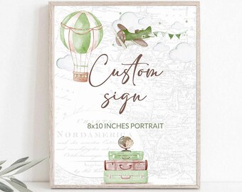 Puede incluir: Un cartel imprimible en formato retrato de 20,3 x 25,4 cm con un fondo de mapa del mundo vintage. El cartel presenta un globo aerostático, un avión pequeño, maletas y un globo terráqueo. El texto "Custom sign" está escrito en cursiva marrón.