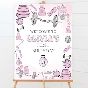 Placa de boas-vindas editável para o primeiro aniversário de uma menina forte, pôster para impressão de 1º aniversário de uma menina, decoração para festa temática de academia com halteres, 0105