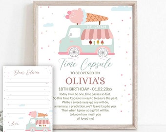 May include: A printable time capsule for an 18th birthday. The design features an ice cream truck with a pink and blue color scheme. The text reads "Time Capsule to be opened on Olivia's 18th Birthday - 01.02.20xx".