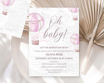 Up Up and Away Hot Air Balloon Baby Shower Invitation Blue Beige Tan Adventure Awaits Baby Shower Travel themed Airplane baby shower 0049