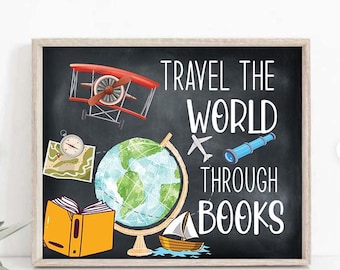 Reading Printable Poster, Classroom Reading Nook, Classroom Reading Poster, Travel the world through boods, Reading Adventure, Library print