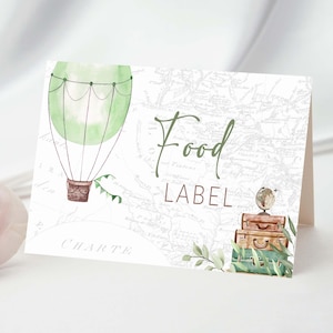 Bearbeitbare Lebensmitteletiketten Heißluftballon bedruckbar Grün Beige Abenteuer Erwartet Eine Geburtstagsparty Tags Name Tischkarten Babyparty 0017g