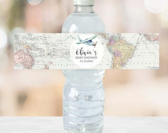 Druckbare Flaschenetiketten Reisethema Babyparty-Abenteuer Erwartet personalisiertes Flaschenetikett Flugzeug Junge Dusche Luftfahrt Karte GR1