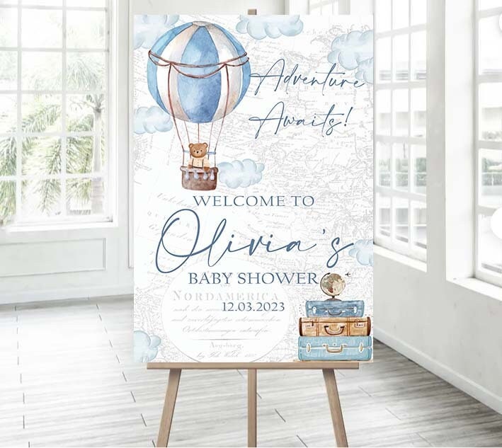 Editable Hot Air Balloon Baby Shower Welcome Sign Teddy Bear Shower up ...