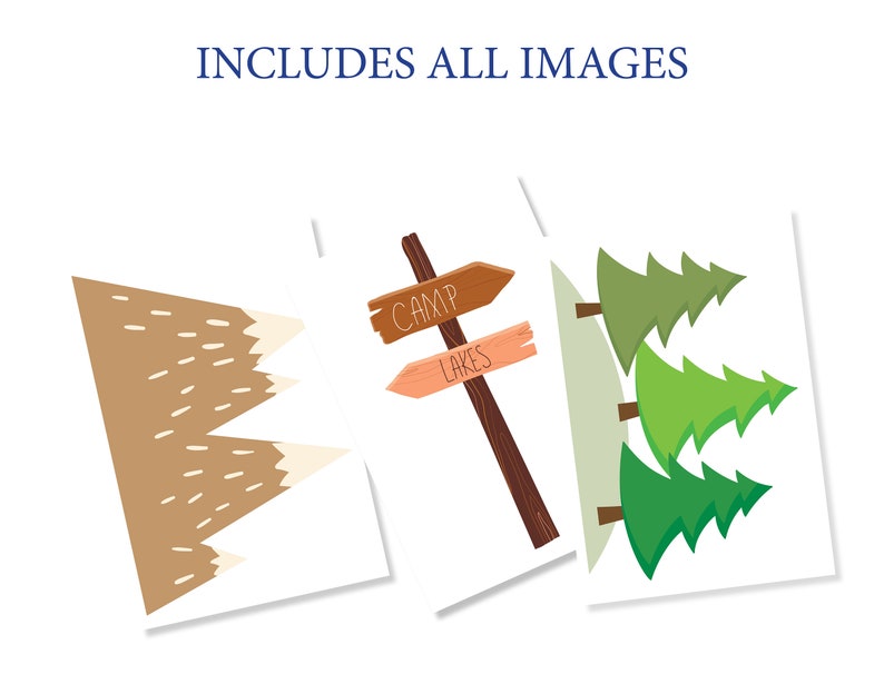 May include: Three printable images for a camping themed party. The first image is a brown mountain range with white peaks. The second image is a wooden signpost with the words "Camp" and "Lakes" on it. The third image is three green pine trees.