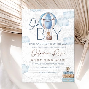 Oh Junge Teddybär Heißluftballon-Babyparty-Einladung Blau Beige können wir Bearly warten lädt Abenteuer-Reisen unter dem Motto Baby shower0017