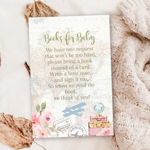 Reisthema babyshowerboeken voor baby inlegvel Blush roze avontuur wacht op babyshower vliegtuig babyshower afdrukbare Instant Download 0062