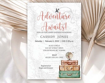 Adventure Awaits Baby Shower, Travel themed baby sprinkle, Travel theme Gender Reveal party, Editable Invitation template, printable PLN1