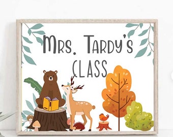 Editable Woodland Teacher Classroom Door Sign Welcome forest theme classroom Sign Back to School Door Sign Door Hanger Desk Name Plate