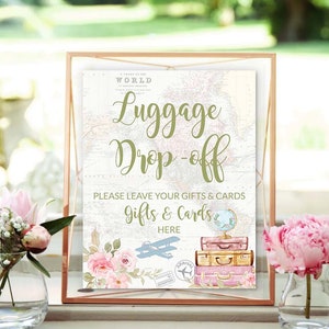 Bagageclaim Tafelborden Reisthema Bruidsdouche Blush Pink Avontuur wacht op Babyshower Thema Vliegtuig Babyshower Afdrukbaar 0062