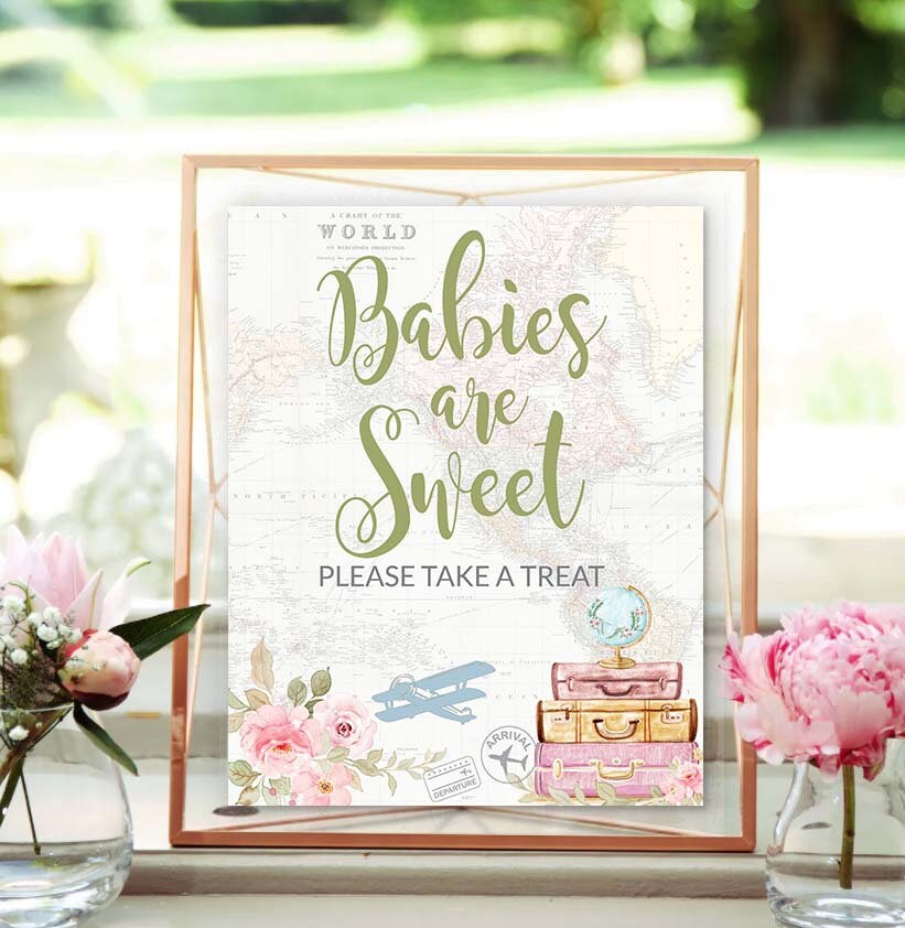 Travel theme Baby Shower Table Signs Blush Pink Adventure Awaits Baby Shower theme Airplane Baby Shower Printable Babies are sweet 0062