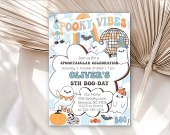May include: A blue and white invitation with a ghost theme. It says "Spooky Vibes" and "Oliver's 5th Boo-Day". The invitation includes a date and time for a "Spooktacular Celebration".