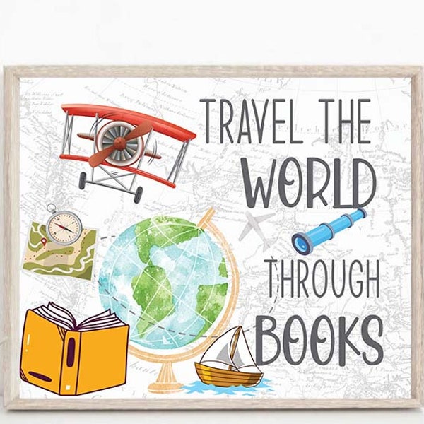 Reading Printable Poster, Classroom Reading Nook, Classroom Reading Poster, Travel the world through boods, Reading Adventure, Library print