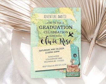 Graduation Invitation Grad 2024 theme Graduation Printable Invite Grad 2024 party printable Adventure Awaits Travel theme graduation BRT1
