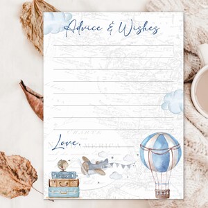 Printable Advice and Wishes Note Cards Hot Air Balloon Boy Baby Shower Adventure Awaits Baby Shower Travel themed Up Up and Away 0017a