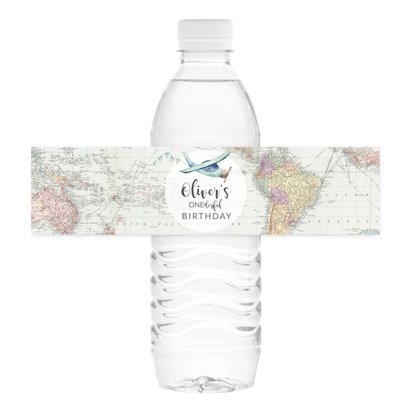 Printable water bottle labels Travel theme 1st birthday, First birthday Adventure personalized bottle labels Airplane Boy birthday GR1, 0011