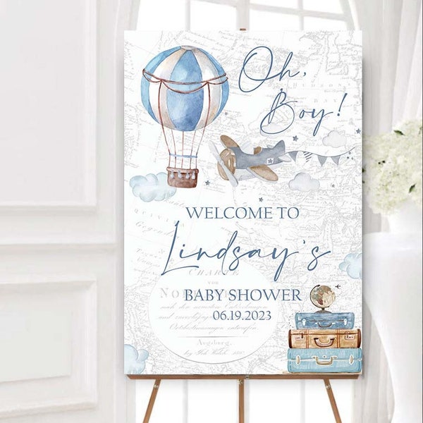 Editable Hot Air Balloon Baby Shower Welcome Sign Teddy Bear Shower Up Up Away Adventure Awaits Vintage Travel Theme Blue Boy Shower 0017a