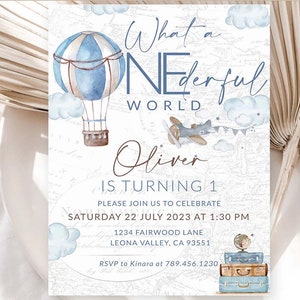 First Birthday Invitation What a Onederful Birthday Printable invite 1st Birthday Adventure Theme Onederful Hot Air Balloon birthday 0017