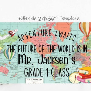 Welt Thema Klassenzimmer großes Poster Benutzerdefinierte größere Weltkarte Global Classroom druckbare bearbeitbare Vorlage Personalisierter Lehrer Wandbehang