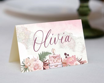 Printable Place Cards Travel theme Baby Shower Adventure Awaits Editable Buffet Labels Pink Map Travel Bridal Shower Destination Wedding MV1