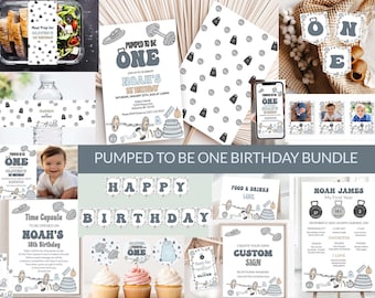 Pumped to Be One Birthday Bundle, Fitness Theme Party Kit Printable Gym Theme Birthday Decorations, One Strong Baby Birthday Invite 0105