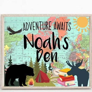 Panneau de porte imprimable pour chambre de garçon sur le thème extérieur, aventure en plein air, accroche-porte sur le thème du camping, panneau imprimable pour chambre d'enfants, Woodland WDBL