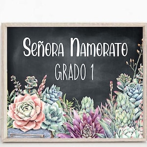 Succulent enseigne de classe de professeur d'espagnol décoration de salle de classe professeur personnalisé imprimable retour à l'école décor de porte professeur accroche-porte modifiable