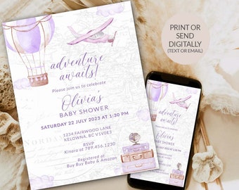 Może przedstawiać: Fioletowo-białe zaproszenie na baby shower w akwareli z balonem na gorące powietrze i samolotem. Zaproszenie zawiera napis "Przygoda czeka!" oraz tekst "Baby Shower Oliwii" i szczegóły wydarzenia.