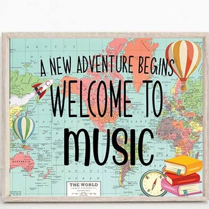 Musik Willkommensschild, Musikzimmer Türschild, Weltkarte Abenteuer Klassenzimmer Türschild, Karte, Welt, Reisethema Musiklehrer Türschild