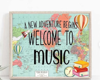 Music classroom Door Sign: World Map Travel Theme (Digital Download 11x14, 8x10 JPEG Files)