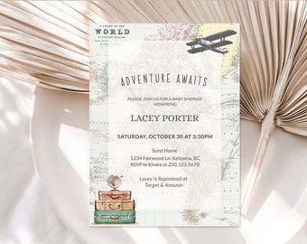 Adventure Awaits Baby Shower, Travel themed baby sprinkle, Travel theme Gender Reveal party, Editable Invitation template, printable 0011