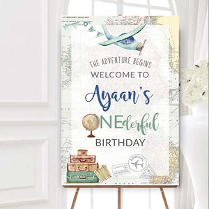 Panneau de bienvenue modifiable pour le premier anniversaire d'Onederful World, thème du voyage pour garçon, 1er anniversaire, aventure qui attend la fête, pièce maîtresse imprimable GR1