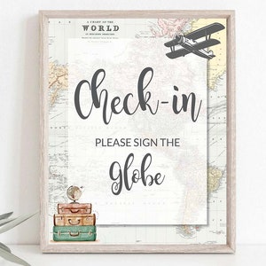 Check-in Schild Gast Globe Reisethema Babyparty, Abenteuer Babyparty, Reisen zu Frau Brautparty, Abenteuer wartet auf den Ruhestand, 0011