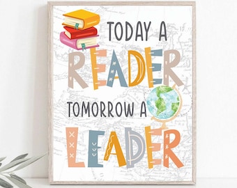 Póster de lectura imprimible, Rincón de lectura en el aula, Póster de lectura en el aula, Hoy un lector, mañana un líder, Decoración de biblioteca imprimible.