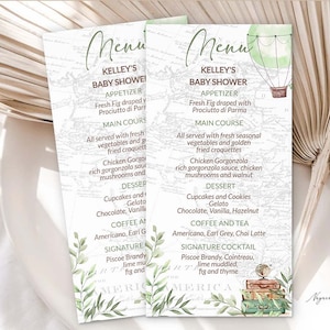 Scheda menu Viaggio a tema intorno al mondo L'avventura del baby shower attende il modello stampabile del menu di compleanno Modificabile Menu del baby shower per ragazzo 0017g